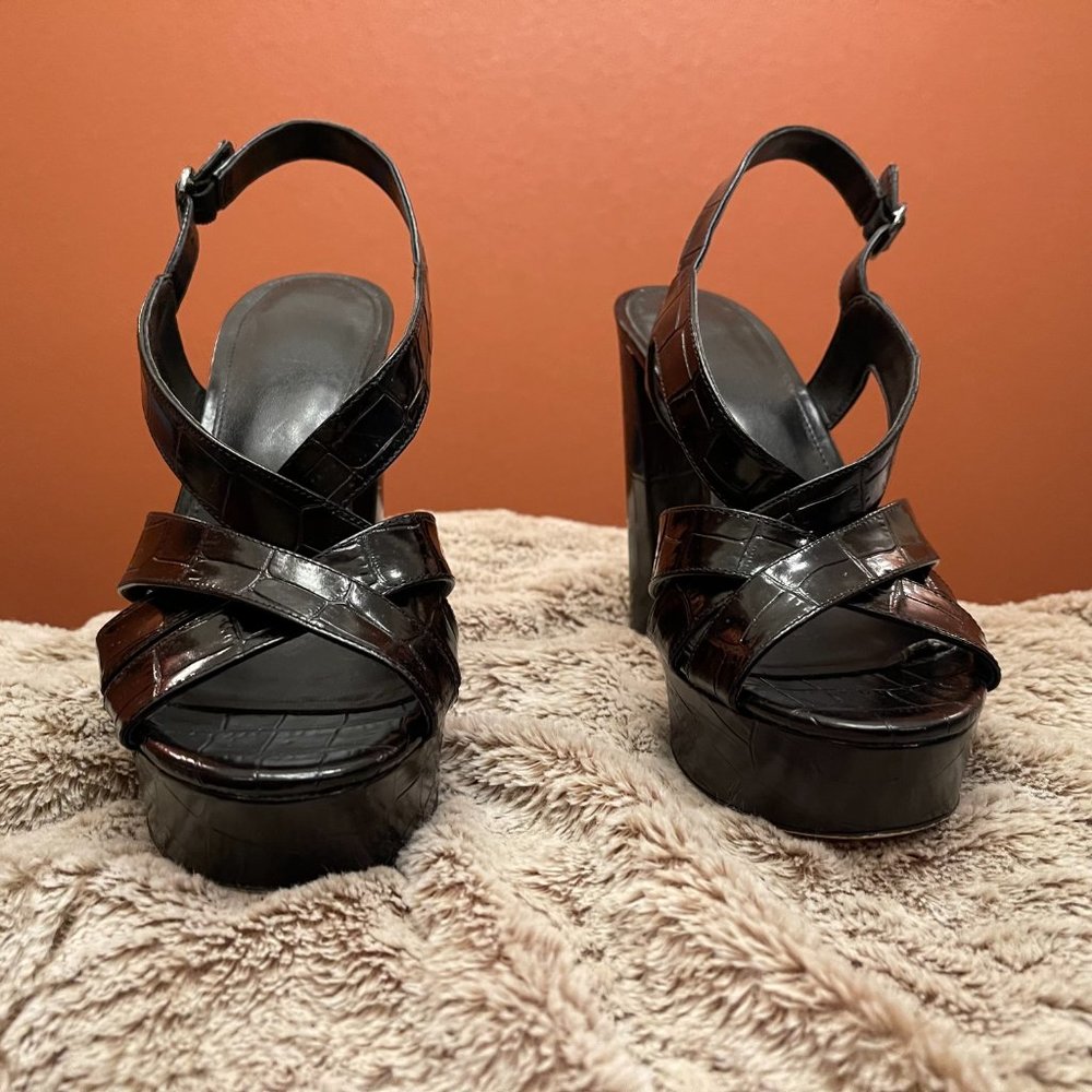 Michael Kors Audrina Black Embossed Leather Slingback Platform Sandals -Size 8.5 - Picture 2 of 8